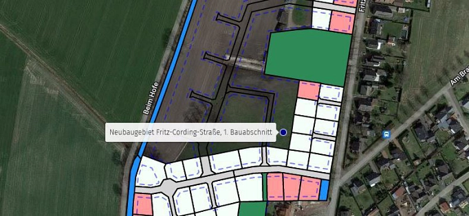 Klicken Sie in der Karte einfach auf die Flächen mit den starken Umrandungen und es werden zu jedem Grundstück hilfreiche Erst-Informationen angezeigt. © Gemeinde Wagenfeld